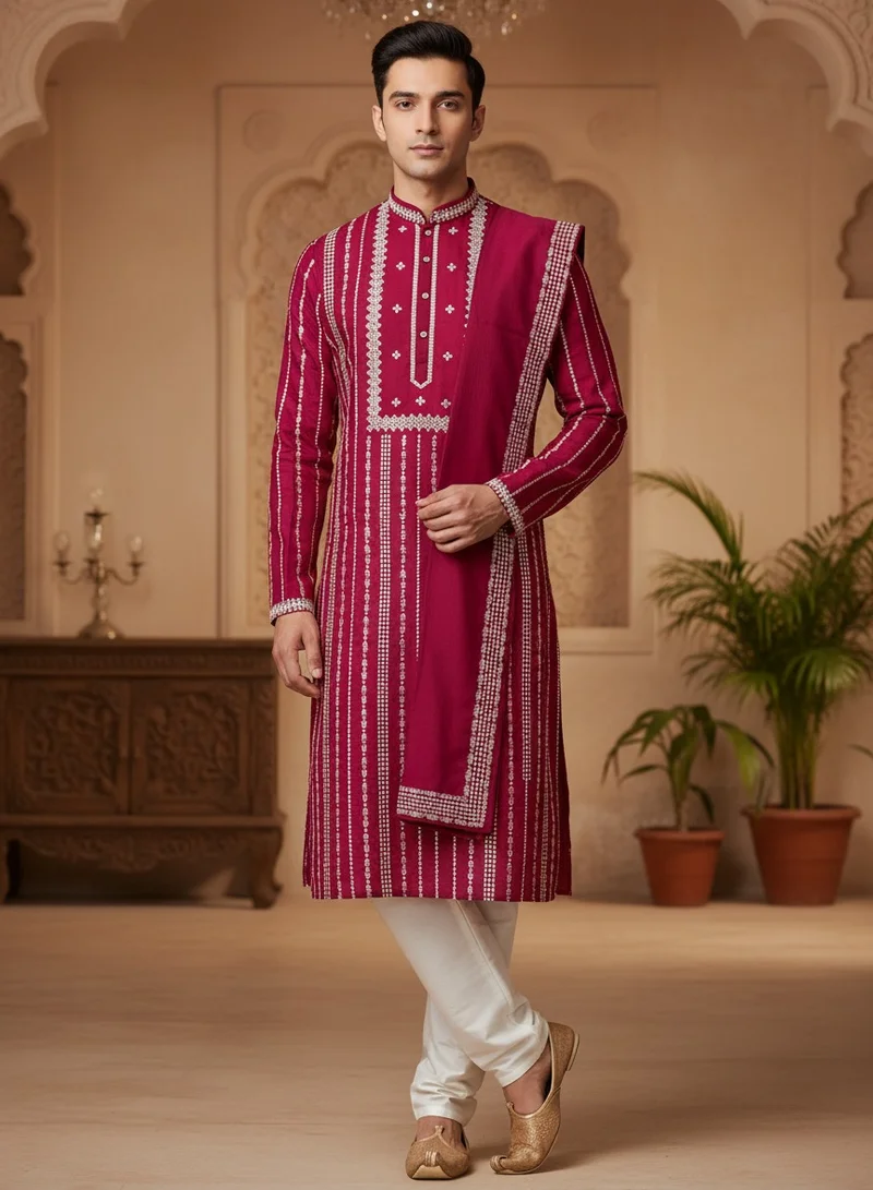 Lehar Deep Maroon Mirror Embroidered Kurta Set with Dupatta