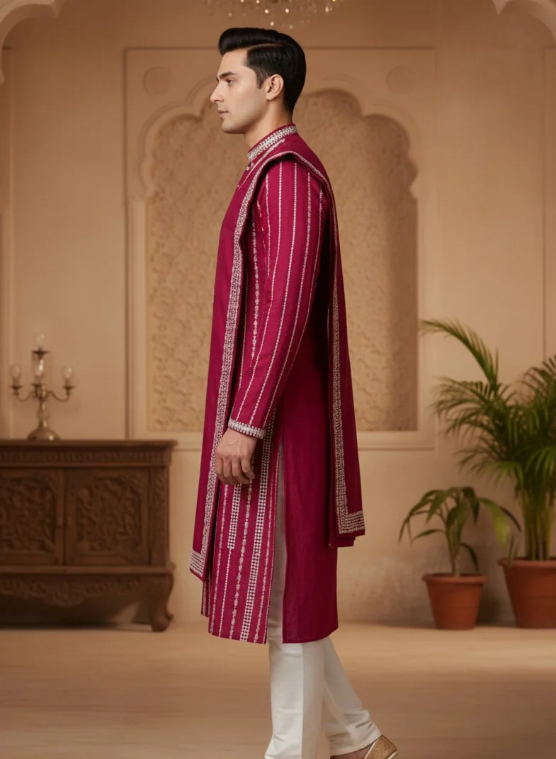 Lehar Deep Maroon Mirror Embroidered Kurta Set with Dupatta
