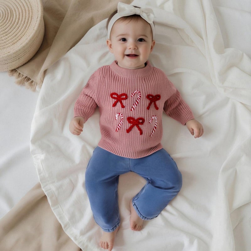 Amnnchya Christmas Baby Girl Boy Sweater Bow Long Sleeve Kids Knit Sweatshirt Toddler Newborn Infant Fall Winter Pullover (Pink Candy, 2-3 Years) - Image 5