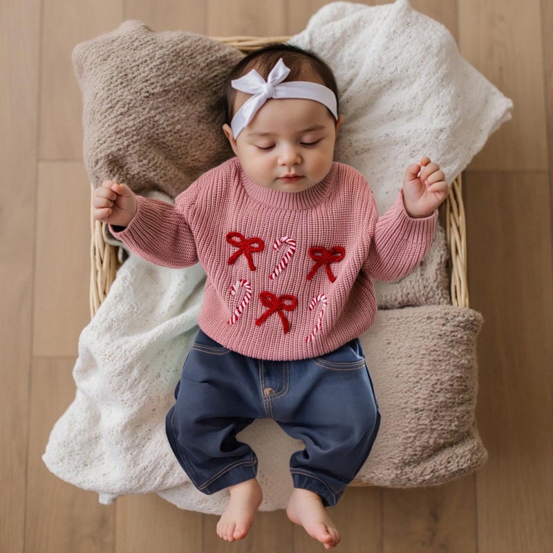 Amnnchya Christmas Baby Girl Boy Sweater Bow Long Sleeve Kids Knit Sweatshirt Toddler Newborn Infant Fall Winter Pullover (Pink Candy, 2-3 Years) - Image 3