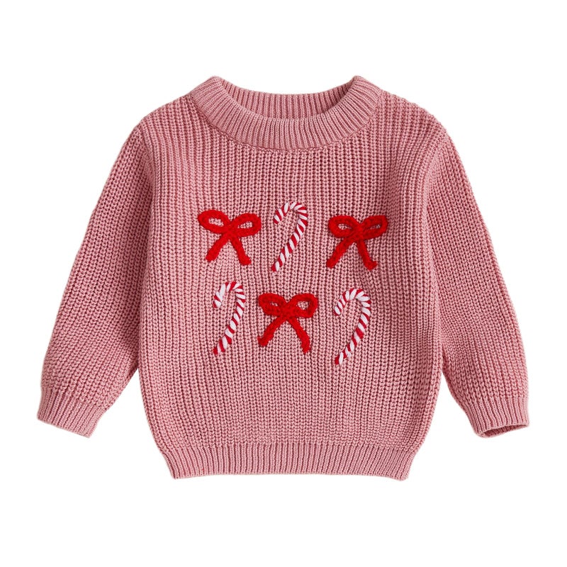 Amnnchya Christmas Baby Girl Boy Sweater Bow Long Sleeve Kids Knit Sweatshirt Toddler Newborn Infant Fall Winter Pullover (Pink Candy, 2-3 Years) - Image 1
