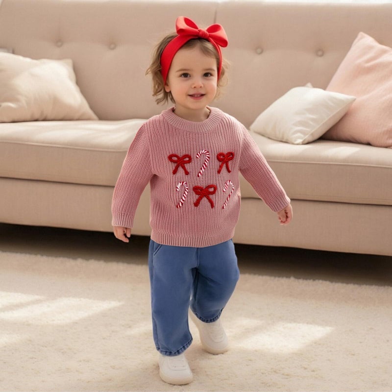 Amnnchya Christmas Baby Girl Boy Sweater Bow Long Sleeve Kids Knit Sweatshirt Toddler Newborn Infant Fall Winter Pullover (Pink Candy, 2-3 Years) - Image 2