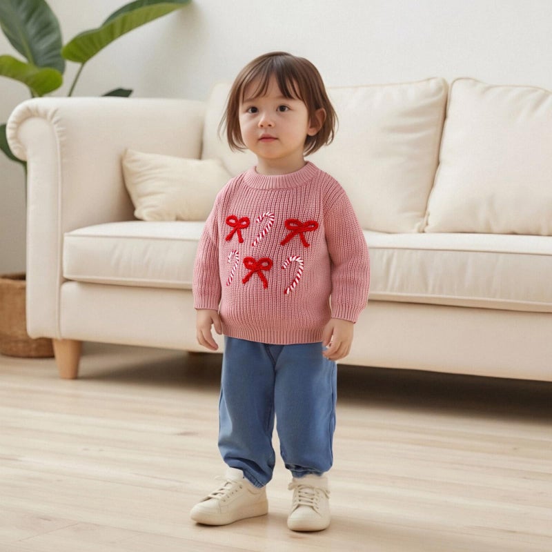 Amnnchya Christmas Baby Girl Boy Sweater Bow Long Sleeve Kids Knit Sweatshirt Toddler Newborn Infant Fall Winter Pullover (Pink Candy, 2-3 Years) - Image 4