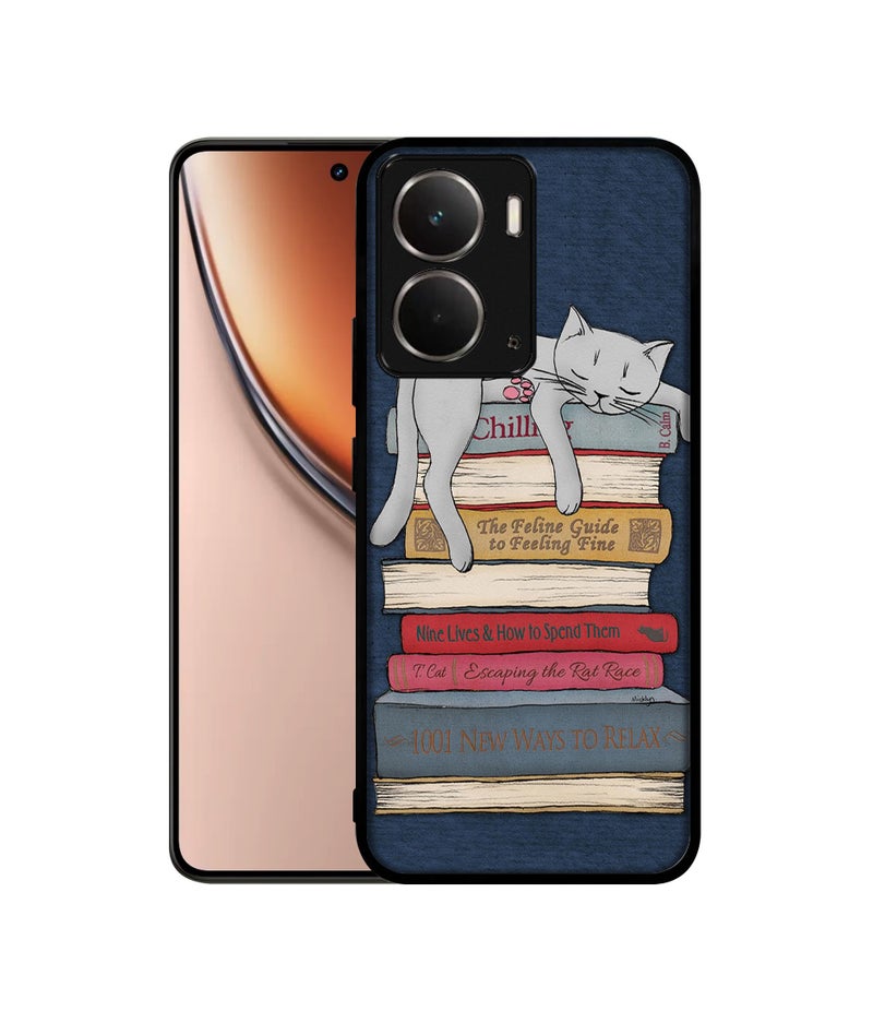 Casotec Cat Sleeping On The Books Design Premium 2D Printed Metal Back Case Cover for Realme P3 5G / Realme Neo7x 5G - Image 1