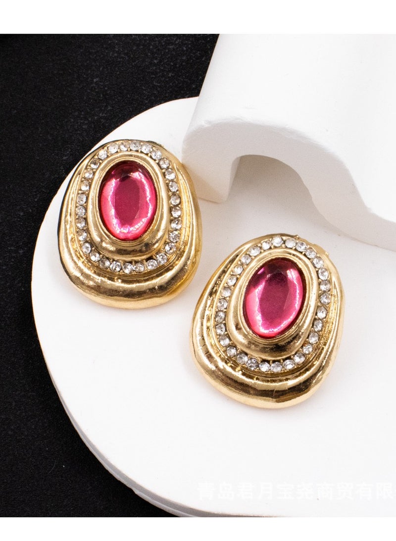 أقراط ريترو بيضاوية مرصعة بالأحجار الكريمة - Image 2