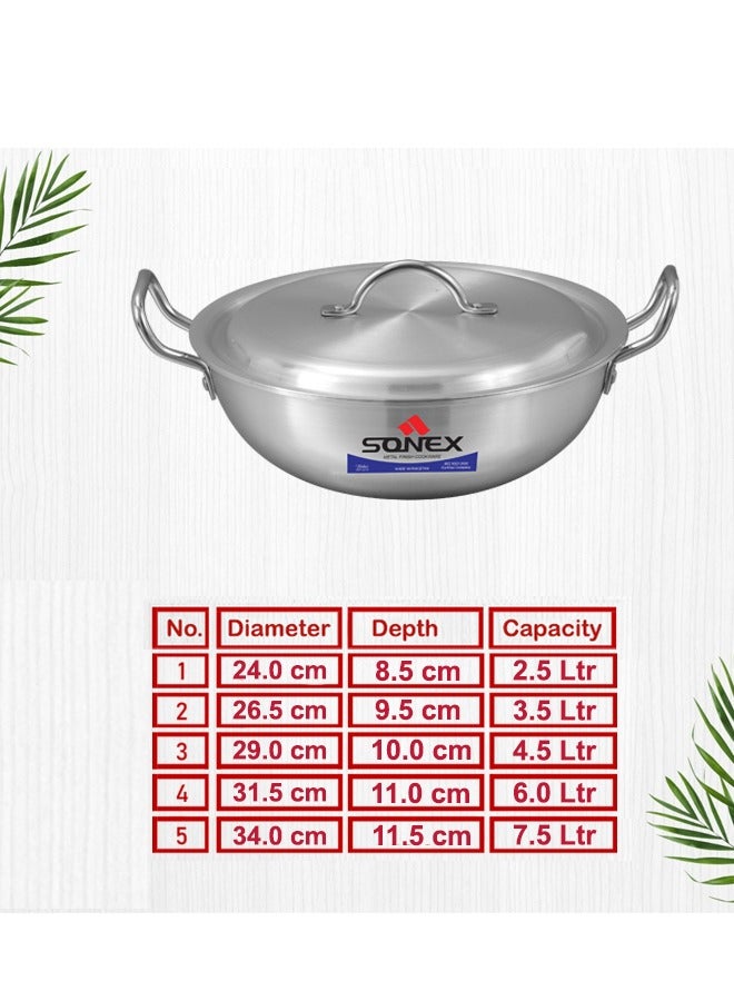SONEX Sonex Round Karahi Set – Authentic Aluminium Wok, 1x5,  5 Pcs with Lids, Sizes 24-34 cm (2.5-7.5 Ltr), Long-Lasting Durable Construction, Versatile Cooking, Premium Metal Finish, Dishwasher Safe  - Image 4