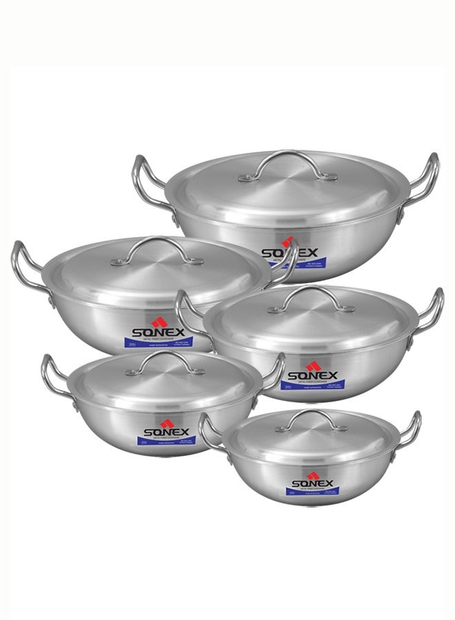 SONEX Sonex Round Karahi Set – Authentic Aluminium Wok, 1x5,  5 Pcs with Lids, Sizes 24-34 cm (2.5-7.5 Ltr), Long-Lasting Durable Construction, Versatile Cooking, Premium Metal Finish, Dishwasher Safe  - Image 1