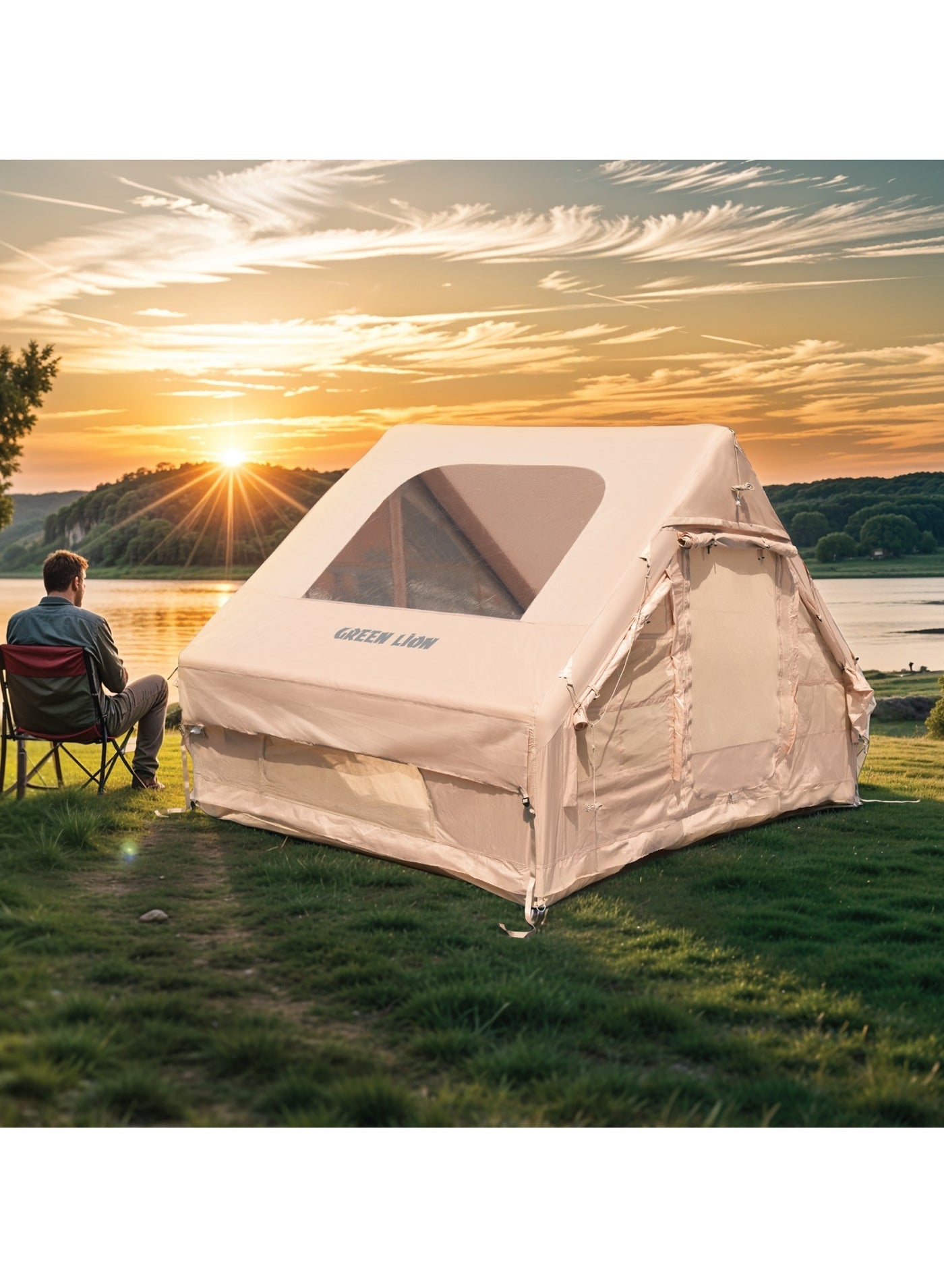 Inflatable Camping Tent GT-4X / Camping Friendly / Breathable Anti-Mosquito Design / Waterproof and Windproof / Durable Build / Instant Setup / Pump / Ventilated Windows / 3-4 Person - Beige