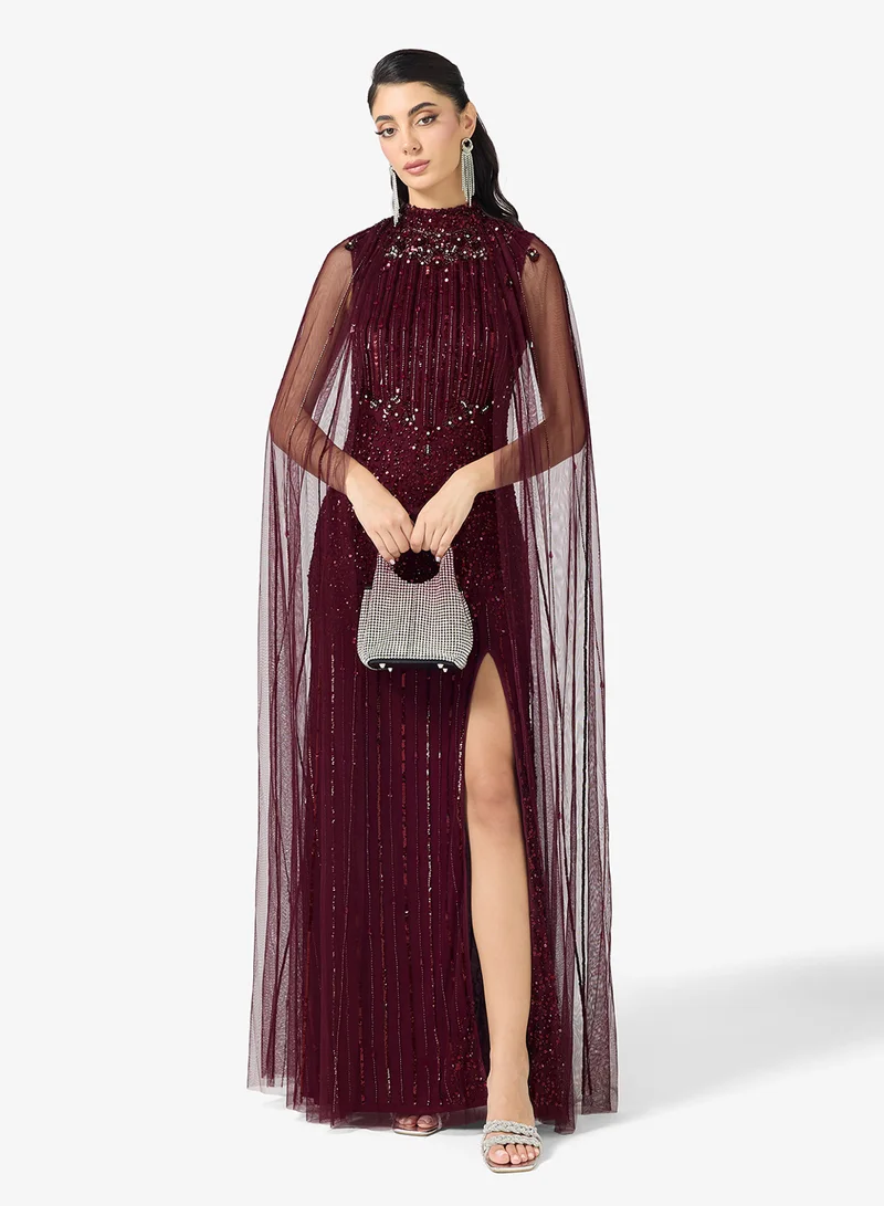 Beaded Embellished Evening Gown with Cape