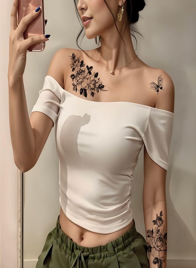 Roarhowl Realistic and long-lasting temporary tattoos,Black Floral Temporary Tattoos for women sleeves Large Rose Designs, 10 Sheets - Image 4