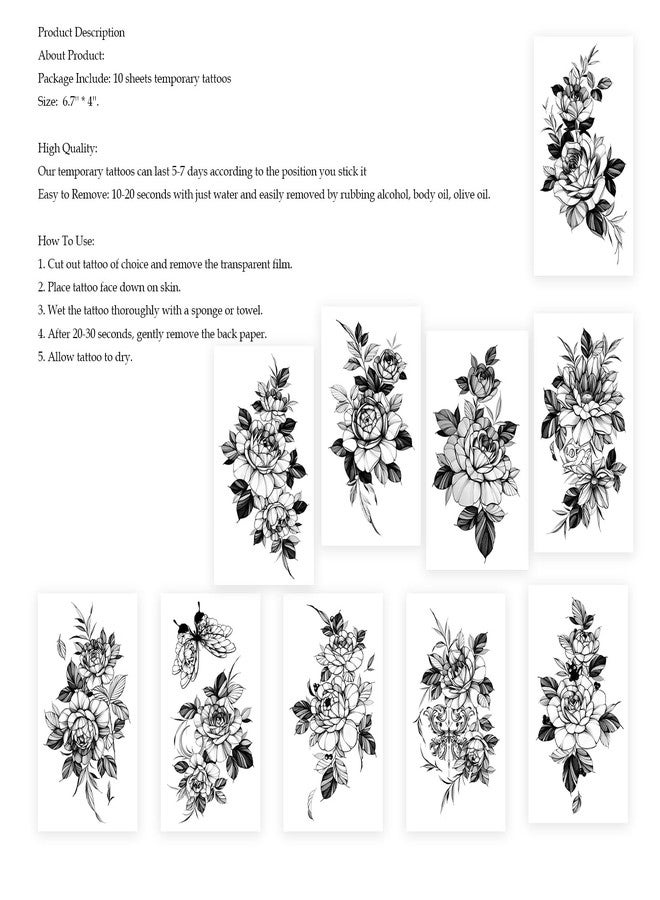 Roarhowl Realistic and long-lasting temporary tattoos,Black Floral Temporary Tattoos for women sleeves Large Rose Designs, 10 Sheets - Image 5