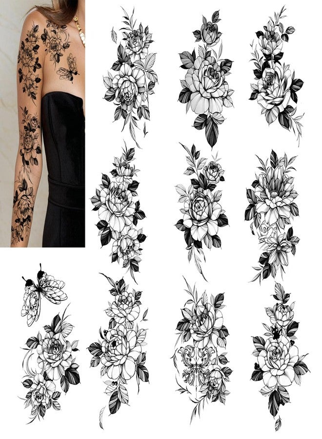 Roarhowl Realistic and long-lasting temporary tattoos,Black Floral Temporary Tattoos for women sleeves Large Rose Designs, 10 Sheets - Image 1