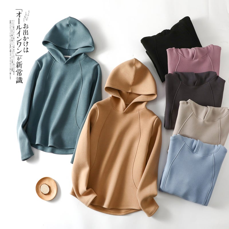 Outer Wearing Hooded T-Shirt Women'S Velvet Casual Sports Sweater Base Shirt Fleece-Lined Thickened Warm Jacket Top - Image 2