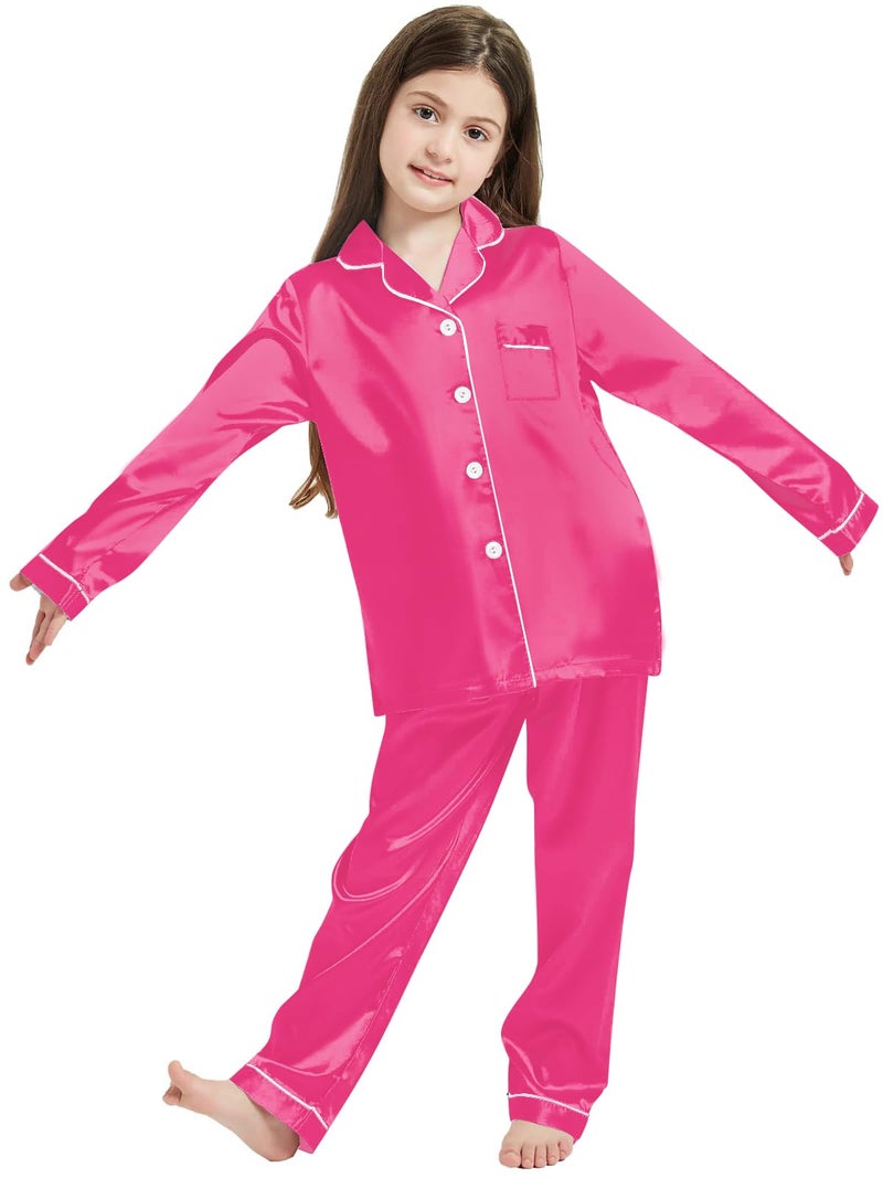 Schbbbta Silk Pajamas for Girls Satin Long Sleeve Button Down PJ Set Two-Piece Sleepwear for Kids, Hot Pink Pjs, 9-10 Years - Image 4