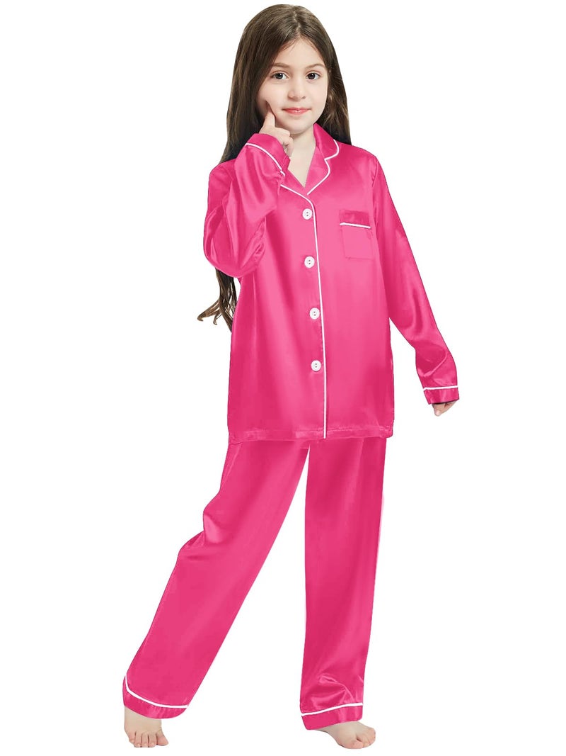 Schbbbta Silk Pajamas for Girls Satin Long Sleeve Button Down PJ Set Two-Piece Sleepwear for Kids, Hot Pink Pjs, 9-10 Years - Image 2