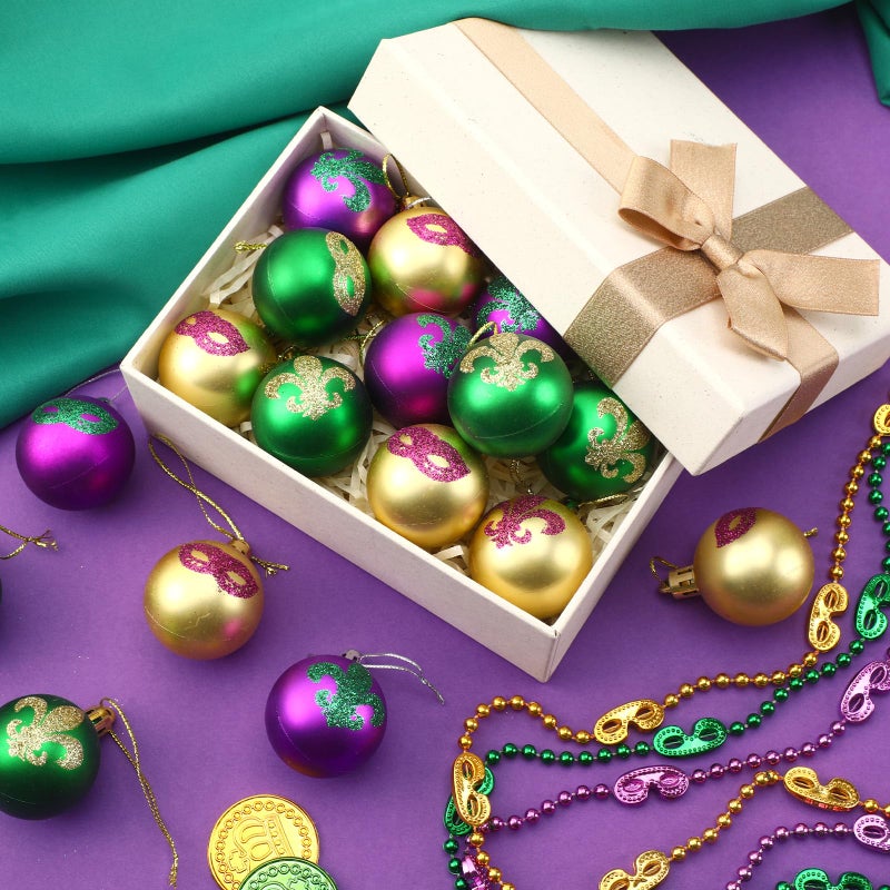 JULMELON 36Pcs Mardi Gras Hanging Ball Ornaments Mardi Gras Glitter Hanging Ball Decorations Sequin Purple Green Gold Tree Ornament for Mardi Gras Home Party Decor - Image 3
