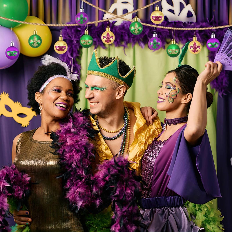 JULMELON 36Pcs Mardi Gras Hanging Ball Ornaments Mardi Gras Glitter Hanging Ball Decorations Sequin Purple Green Gold Tree Ornament for Mardi Gras Home Party Decor - Image 5