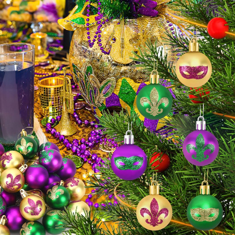 JULMELON 36Pcs Mardi Gras Hanging Ball Ornaments Mardi Gras Glitter Hanging Ball Decorations Sequin Purple Green Gold Tree Ornament for Mardi Gras Home Party Decor - Image 4