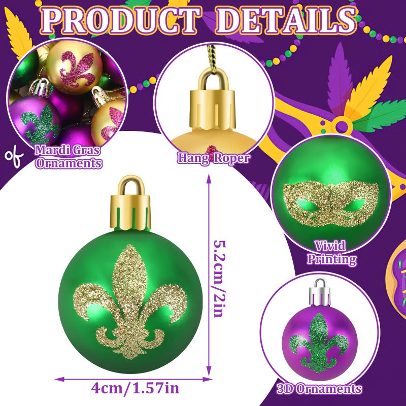 JULMELON 36Pcs Mardi Gras Hanging Ball Ornaments Mardi Gras Glitter Hanging Ball Decorations Sequin Purple Green Gold Tree Ornament for Mardi Gras Home Party Decor - Image 2