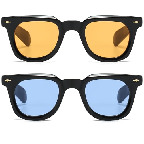 PORADAY Square Sunglasses for Women Men Trendy Thick Frame Sun Glasses Black Shades (Black/Blue+Black/Yellow) - Image 1