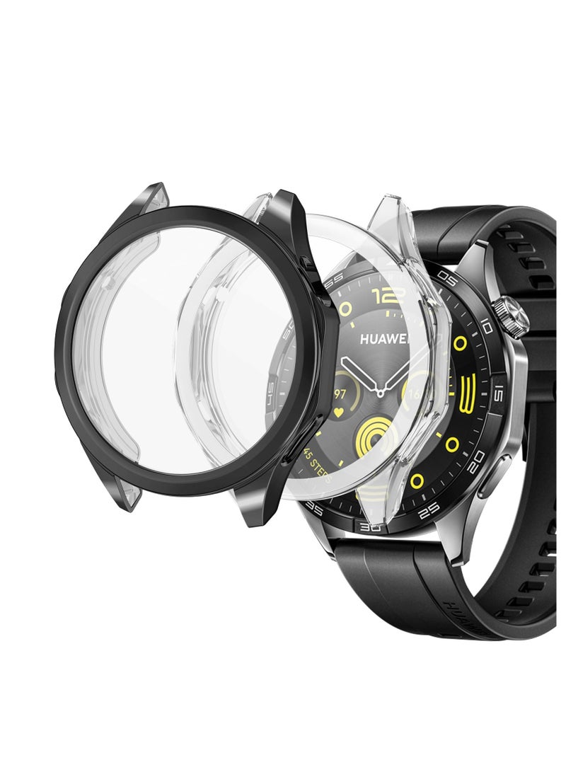 كاست ويف حافظة واقية متوافقة مع ساعة Huawei Watch GT 4 مقاس 46 ملم، عبوتان من حافظة TPU المرنة الشاملة مع واقي الشاشة (أسود، شفاف) - Image 1