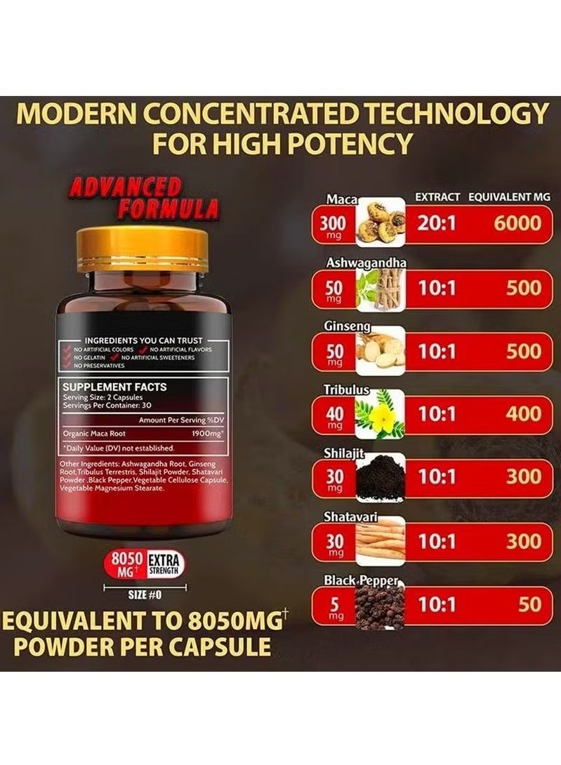 Wins Town Organic Maca Root Powder Capsules 1900 mg with Ashwagandha Ginseng Tribulus Maca Root Extract Supplement for Men and Women Vegan Pills 60 Capsules - Image 3
