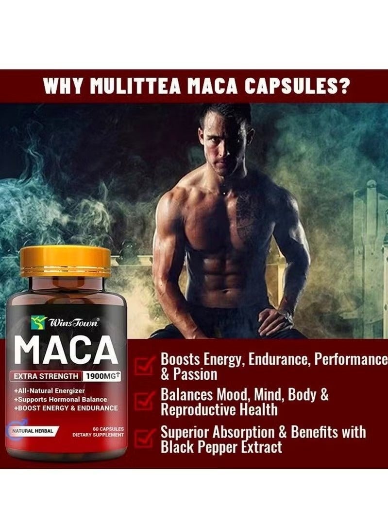 Wins Town Organic Maca Root Powder Capsules 1900 mg with Ashwagandha Ginseng Tribulus Maca Root Extract Supplement for Men and Women Vegan Pills 60 Capsules - Image 2