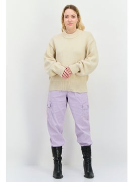 NIA Women Crew Neck Knitted Sweater, Beige  - Image 4