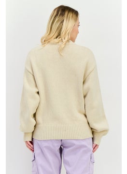 NIA Women Crew Neck Knitted Sweater, Beige  - Image 3