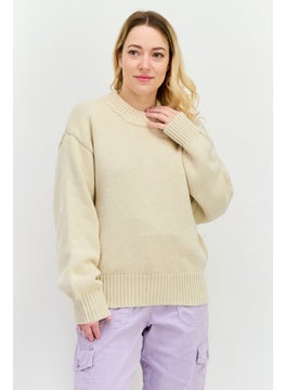 NIA Women Crew Neck Knitted Sweater, Beige  - Image 1