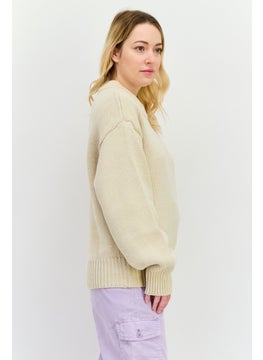 NIA Women Crew Neck Knitted Sweater, Beige  - Image 2