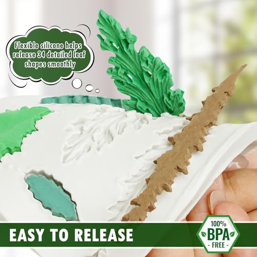 HKNMTT Leaf Fondant Silicone Mold Small Maple Shapes, 34 Cavity Tree Fern Leaves Rose Flower for Cake Cupcake Topper Craft Decorating Sugar Candy Clay Plant Moulds DIY BPA Free - Image 4