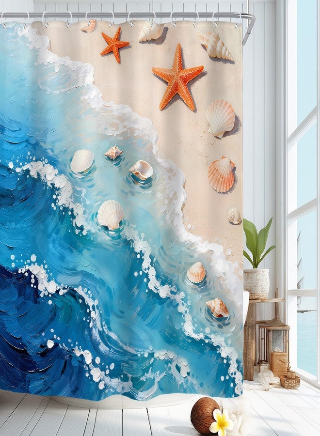 Riyidecor Blue Sea Waves Ocean Shower Curtain for Bathroom Decor 72Wx72H Beach Sand Starfish Seashell Coastal Seaside Landscape Hawaii Art Printed Fabric Polyester Waterproof 12 Pack Plastic Hooks - Image 1