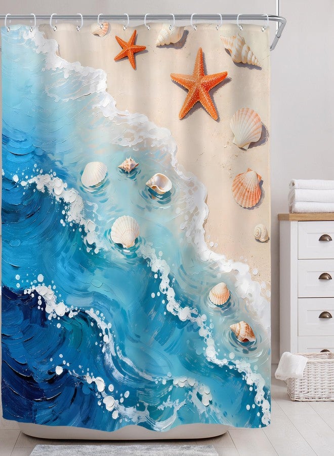 Riyidecor Blue Sea Waves Ocean Shower Curtain for Bathroom Decor 72Wx72H Beach Sand Starfish Seashell Coastal Seaside Landscape Hawaii Art Printed Fabric Polyester Waterproof 12 Pack Plastic Hooks - Image 2