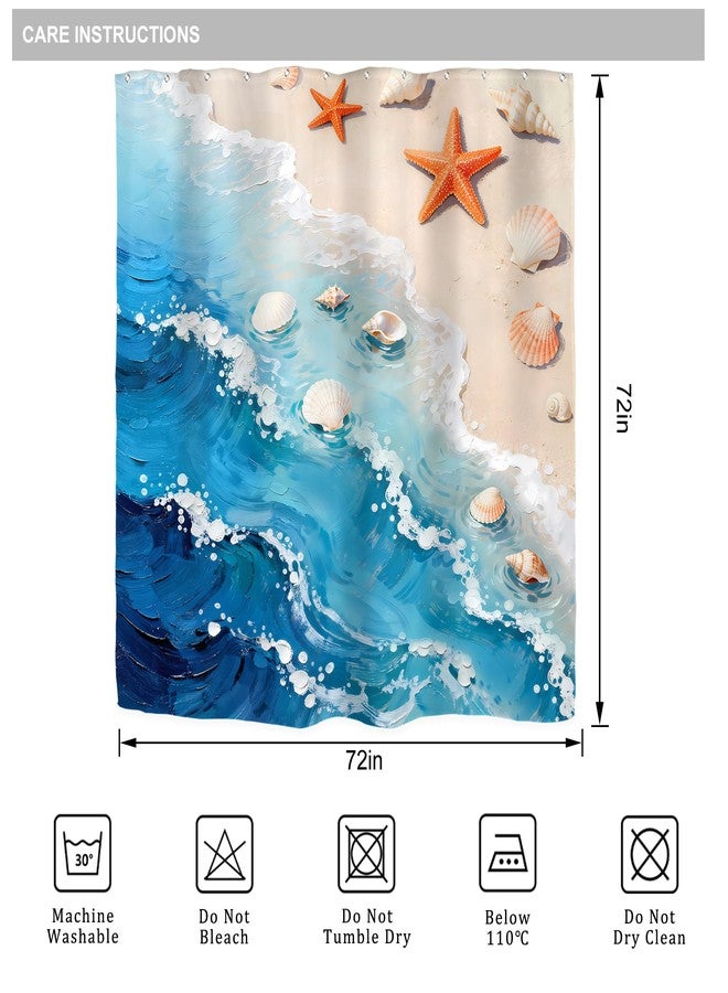 Riyidecor Blue Sea Waves Ocean Shower Curtain for Bathroom Decor 72Wx72H Beach Sand Starfish Seashell Coastal Seaside Landscape Hawaii Art Printed Fabric Polyester Waterproof 12 Pack Plastic Hooks - Image 5