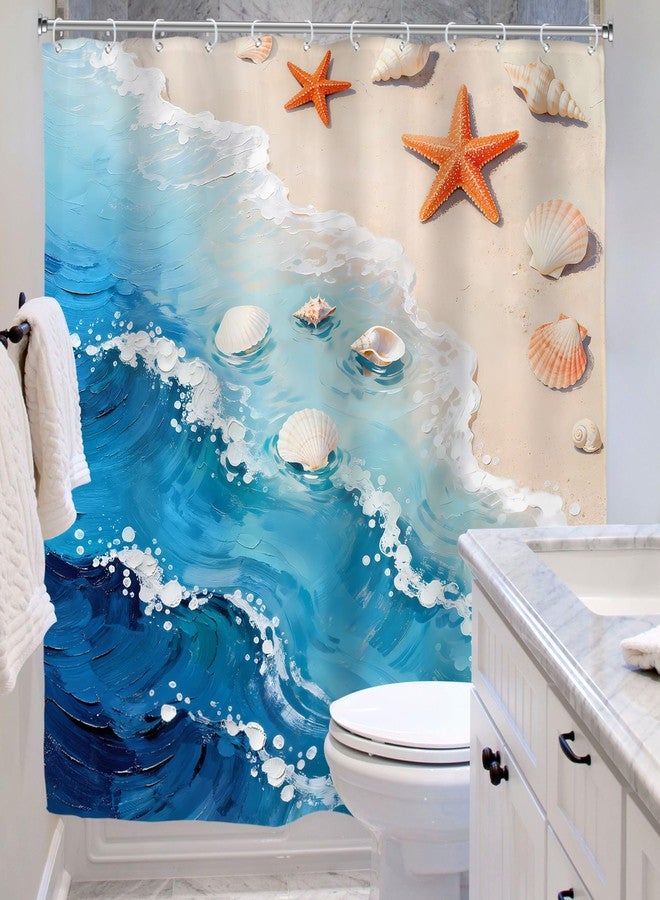 Riyidecor Blue Sea Waves Ocean Shower Curtain for Bathroom Decor 72Wx72H Beach Sand Starfish Seashell Coastal Seaside Landscape Hawaii Art Printed Fabric Polyester Waterproof 12 Pack Plastic Hooks - Image 4