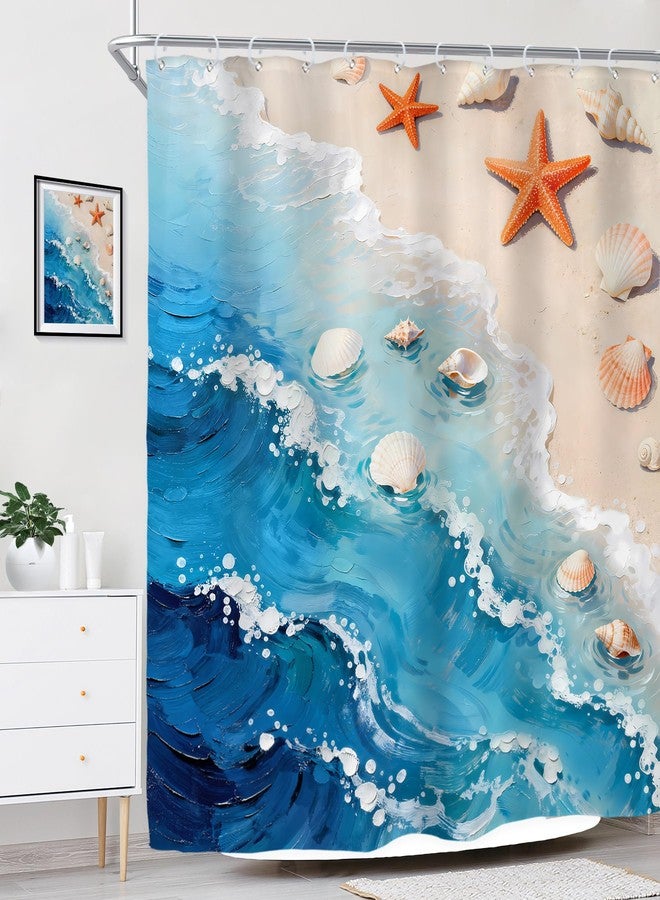 Riyidecor Blue Sea Waves Ocean Shower Curtain for Bathroom Decor 72Wx72H Beach Sand Starfish Seashell Coastal Seaside Landscape Hawaii Art Printed Fabric Polyester Waterproof 12 Pack Plastic Hooks - Image 3