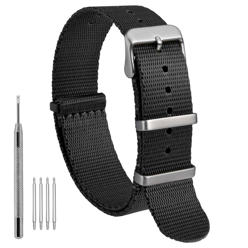 WOCCI 22mm Military Nylon Watch Band, One-piece Nylon Strap for Men and Women, Silver Buckle (Black) - Image 1