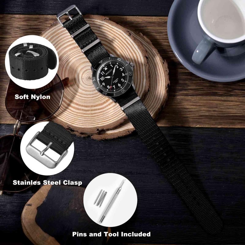 WOCCI 22mm Military Nylon Watch Band, One-piece Nylon Strap for Men and Women, Silver Buckle (Black) - Image 3