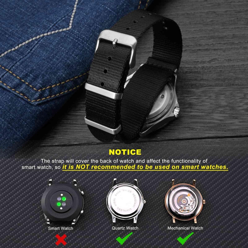 WOCCI 22mm Military Nylon Watch Band, One-piece Nylon Strap for Men and Women, Silver Buckle (Black) - Image 2