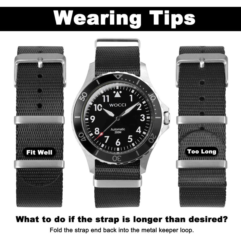 WOCCI 22mm Military Nylon Watch Band, One-piece Nylon Strap for Men and Women, Silver Buckle (Black) - Image 5