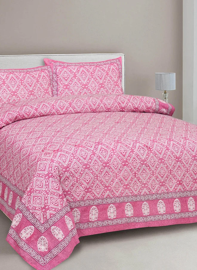 CLOTHOLOGY CLOTHOLOGY Pink Floral Cotton 180 TC King Fine Bedsheet with 2 Pillow Covers