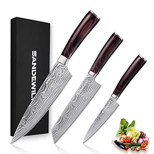 SANDEWILY Professional Kitchen Knives High Carbon Stainless Steel Chef Knife Set,3PCS Ultra Sharp Japanese Knife with Sheath,Ergonomic Pakkawood Handle Elegant Gift Box for Home or Restaurant - Image 1
