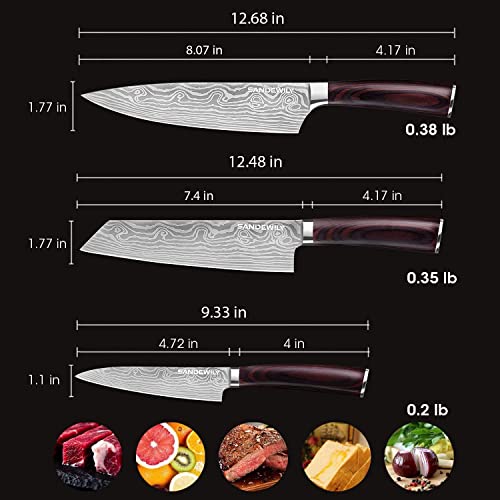 SANDEWILY Professional Kitchen Knives High Carbon Stainless Steel Chef Knife Set,3PCS Ultra Sharp Japanese Knife with Sheath,Ergonomic Pakkawood Handle Elegant Gift Box for Home or Restaurant - Image 2