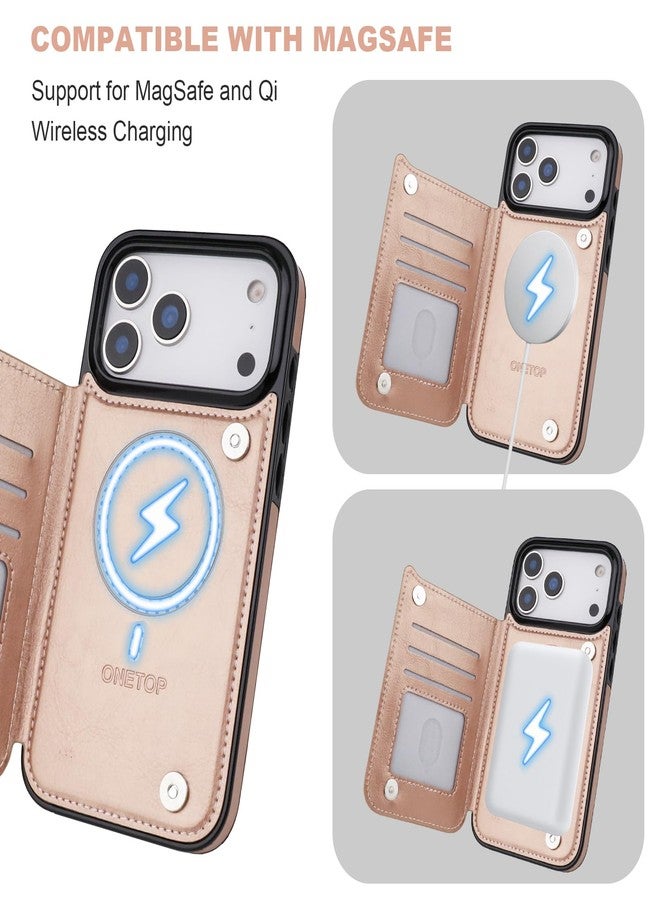 OT ONETOP جراب محفظة متوافق مع Magsafe لهاتف iPhone 17 Pro Max من ONETOP مع حامل بطاقات، مصنوع من جلد PU، مزود بحامل مدمج، وغطاء مانع لتقنية RFID، ومشبك مغناطيسي مزدوج، وغطاء متين مقاوم للصدمات، مقاس 6.9 بوصة (ذهبي وردي). - Image 5