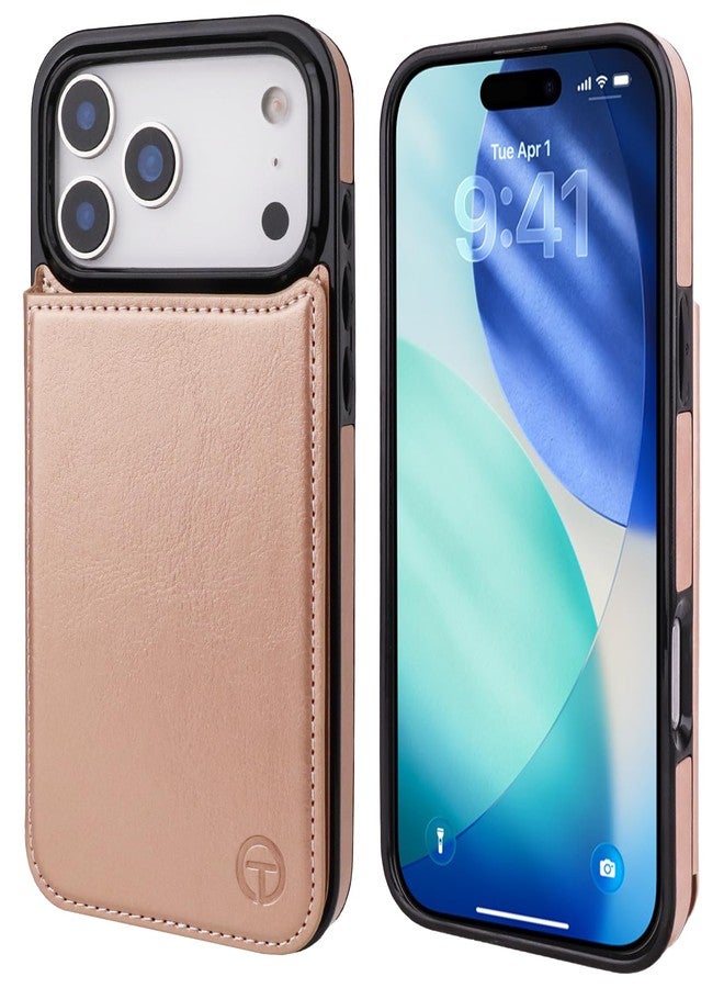 OT ONETOP جراب محفظة متوافق مع Magsafe لهاتف iPhone 17 Pro Max من ONETOP مع حامل بطاقات، مصنوع من جلد PU، مزود بحامل مدمج، وغطاء مانع لتقنية RFID، ومشبك مغناطيسي مزدوج، وغطاء متين مقاوم للصدمات، مقاس 6.9 بوصة (ذهبي وردي). - Image 3