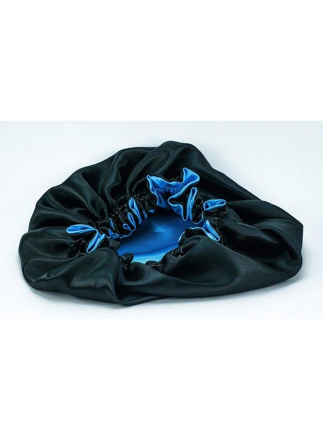 Dehman Pure Satin Handmade Fully Reversible Luxuries Hair Bonnet Sleep Cap For All Hair Types (Lake Blue Black) - Image 2