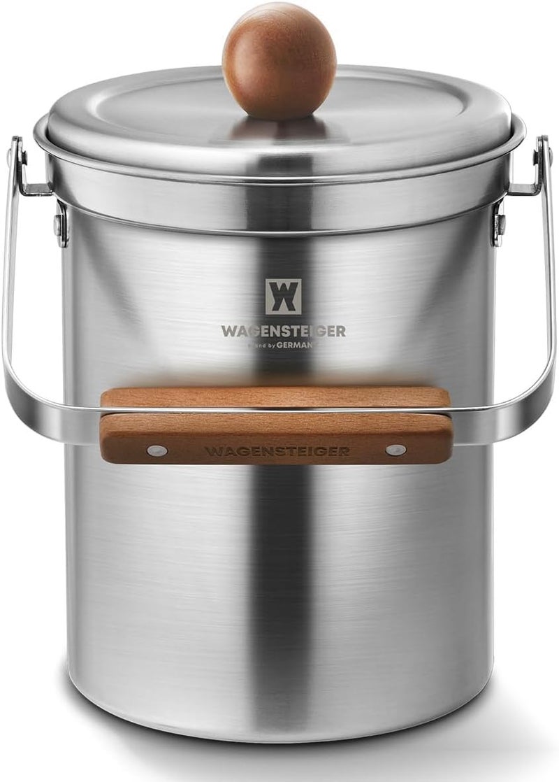 WAGENSTEIGER Kitchen Countertop Compost Bin 101ounces / 3Liters with Airtight Lid, SUS304 Stainless Steel Odor-Free Food Waste Bin with Wooden Handle Stylish Design/Bathroom Trash Can (Silver) - Image 1