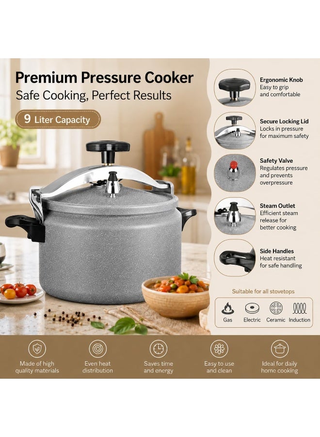 9Liters Granite Non-Stick Pressure Cooker for Fast Cooking | Pressure Cooker with Airtight Lid, Ergonomic Handle, High Quality Safety Valve (Grey, 9 Liter) Grey - Image 2
