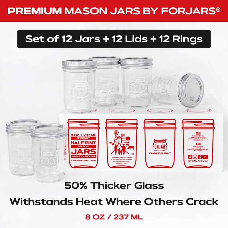 FORJARSÂ® Premium Mason Jars with Lids â€“ 8oz | Regular Mouth Canning Jars | 12-Pack Glass Jars for Jam, Jelly, Pickling, Food Storage, Freezer Safe, Airtight Bulk Set - Image 2
